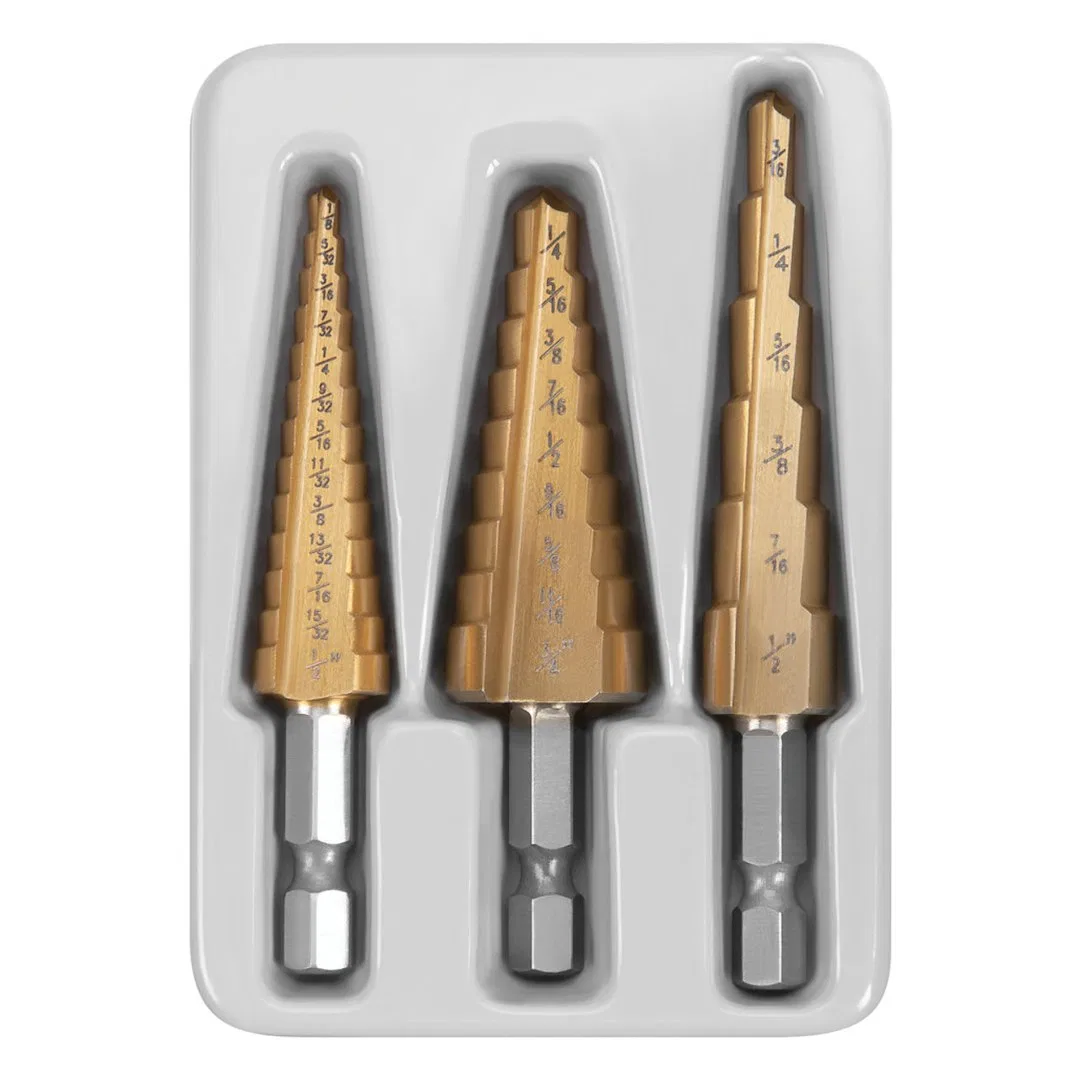 W9003 – PERFORM TOOL Drill Bit, Step Drill 6 Step/ 9 Step/ 13 Step Titanium Nitride Coated Set Of 3 - view 2